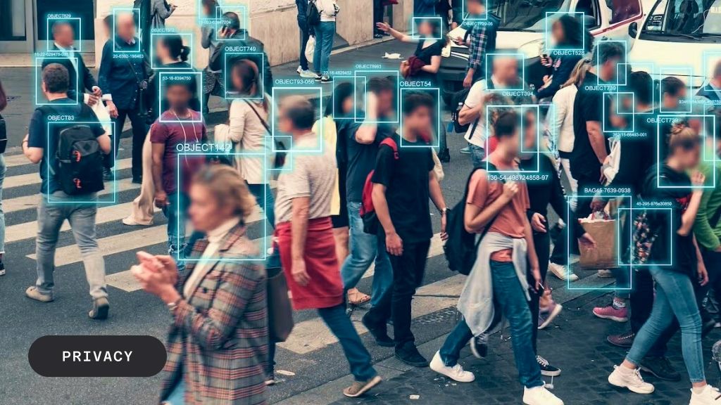 Crowd of people with blurred faces marked by glowing blue object detection boxes, with 'PRIVACY' text overlay.