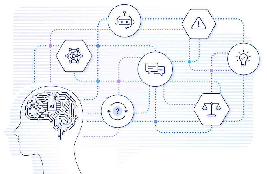 Design of human head with AI in the middle linked to various icons such as lightbulb and scale of justice