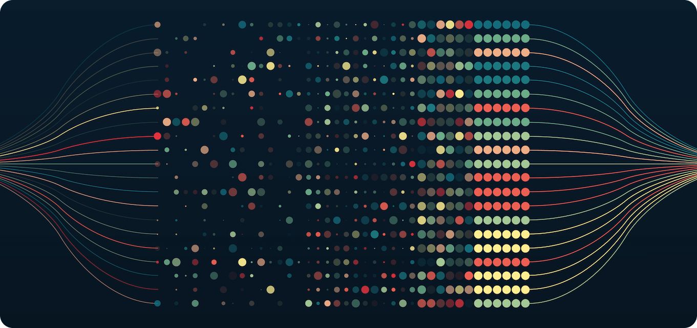 Flow of colored dots being arranged into single strands over dark background