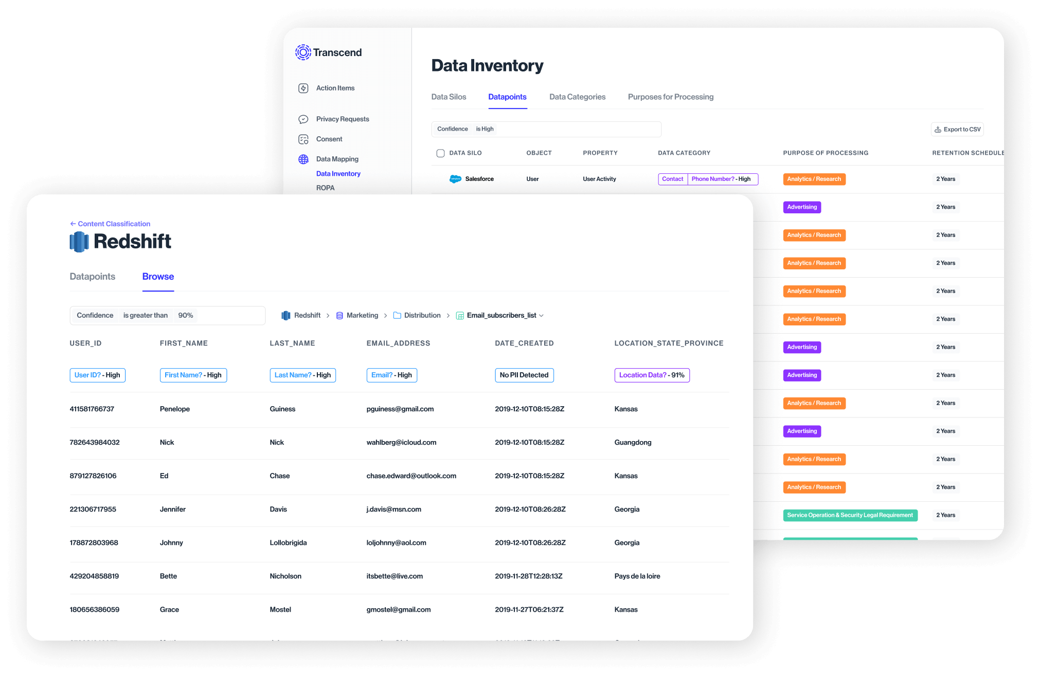 View of Transcend software showing the Data Inventory tools