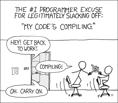 Two stick figures are fencing with swords while seated on chairs. A person in the doorway demands they return to work, but accepts "compiling" as a valid excuse.