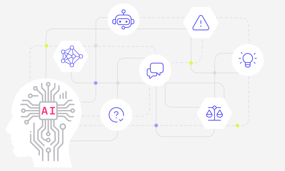 An AI circuit inside a human head, connected to icons representing AI applications, challenges, and ethics.