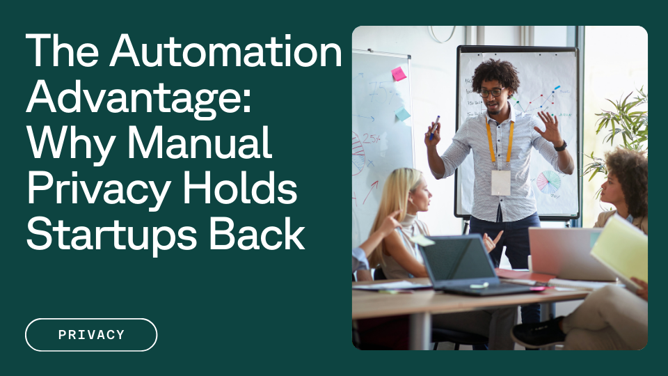 Text that reads "The Automation Advantage: Why Manual Privacy Holds Startups Back" next to young professionals in a meeting room