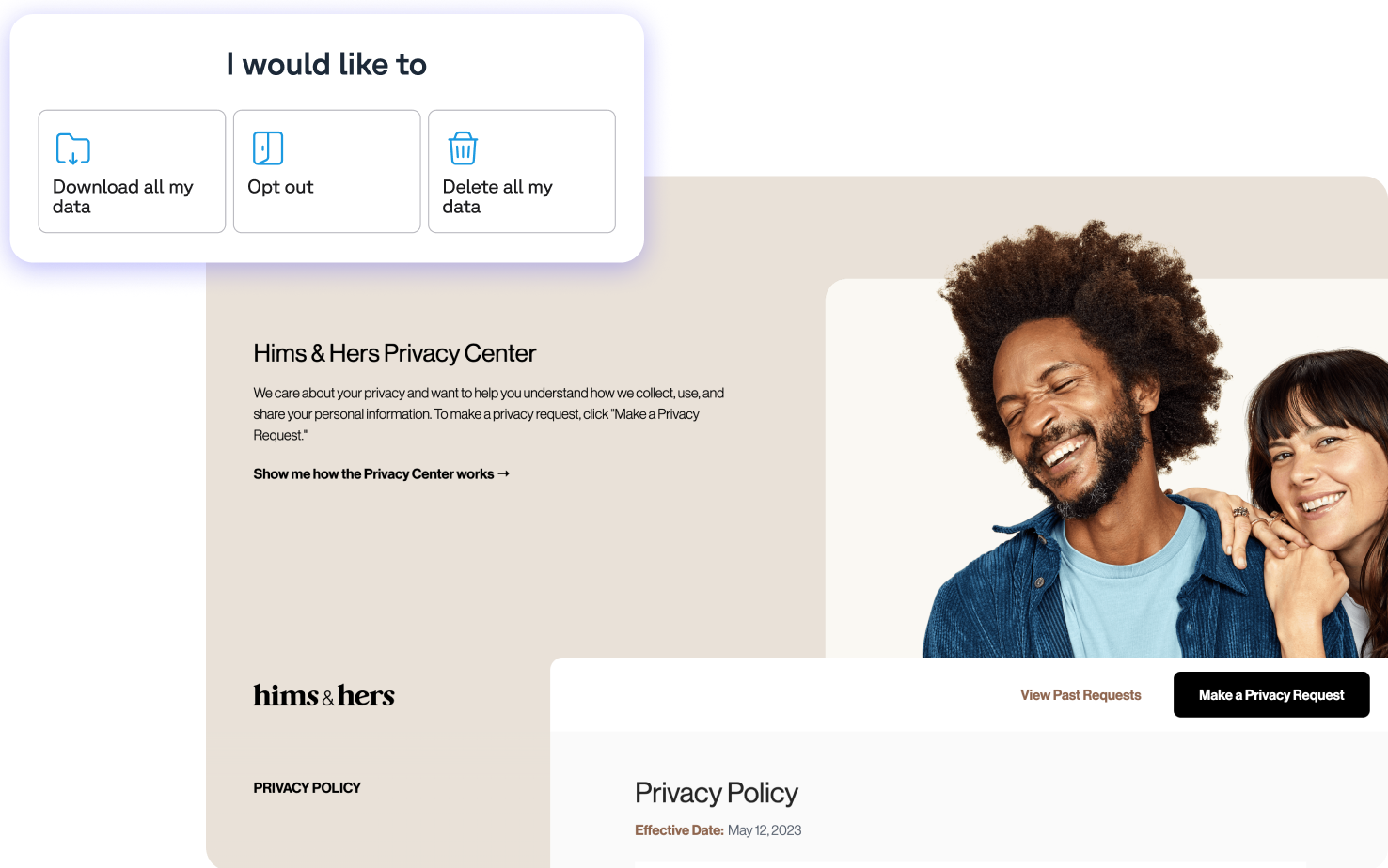 Hims & Hers Privacy Center webpage with options to download, opt out, or delete user data.