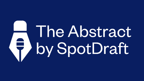 A pen nib icon with a microphone inside is next to the text "The Abstract by SpotDraft" on a dark blue background.