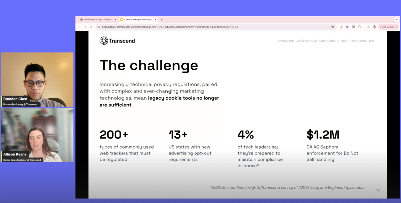 Screenshot of webinar showing two speakers on webcam and slide deck showing the challenge of online privacy regulation