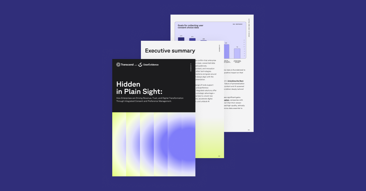 Three documents, the front one titled "Hidden in Plain Sight:" by Transcend, showing an executive summary and charts.