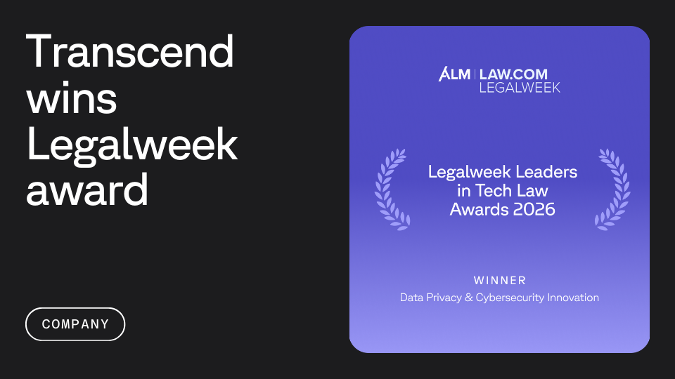 The text "Transcend wins League Week award with the word 'company' in small text next to a visual representation of the text and the law.com Legal Week logo."