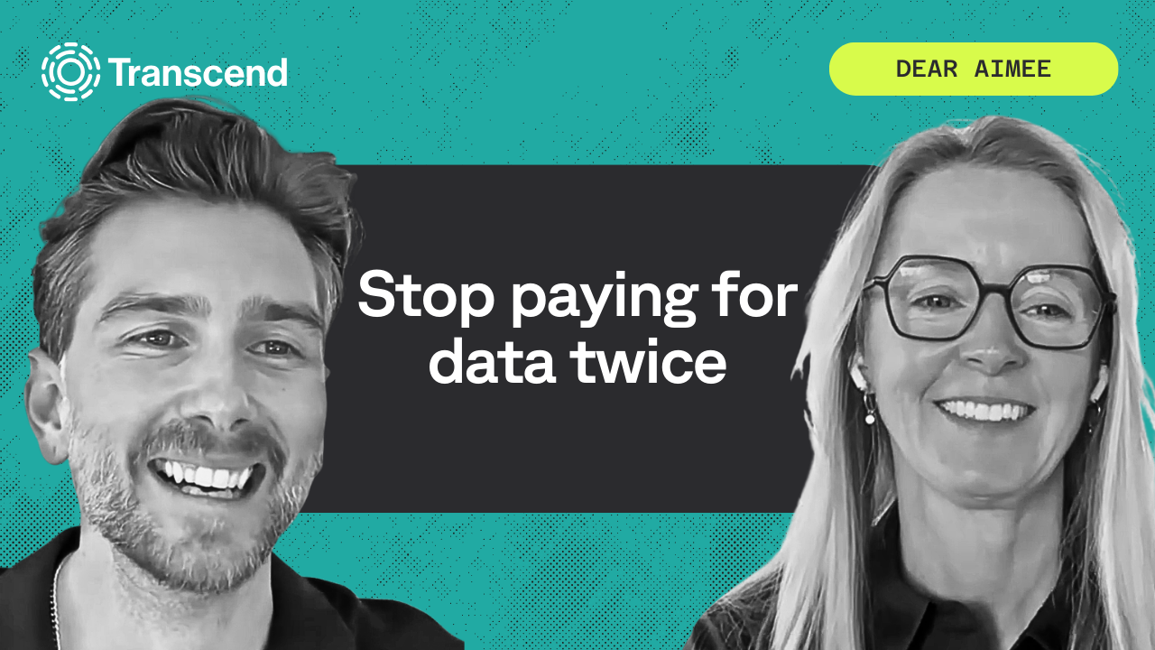 A man and a woman are smiling against a digitally edited background with text that says, "Stop paying for data twice" and "Dear Aimee" in the top right corner.