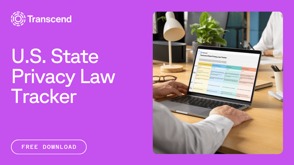 Banner with the Transcend logo, text that reads "U.S. State Privacy Law Tracker", and an image of the state law tracker on a laptop