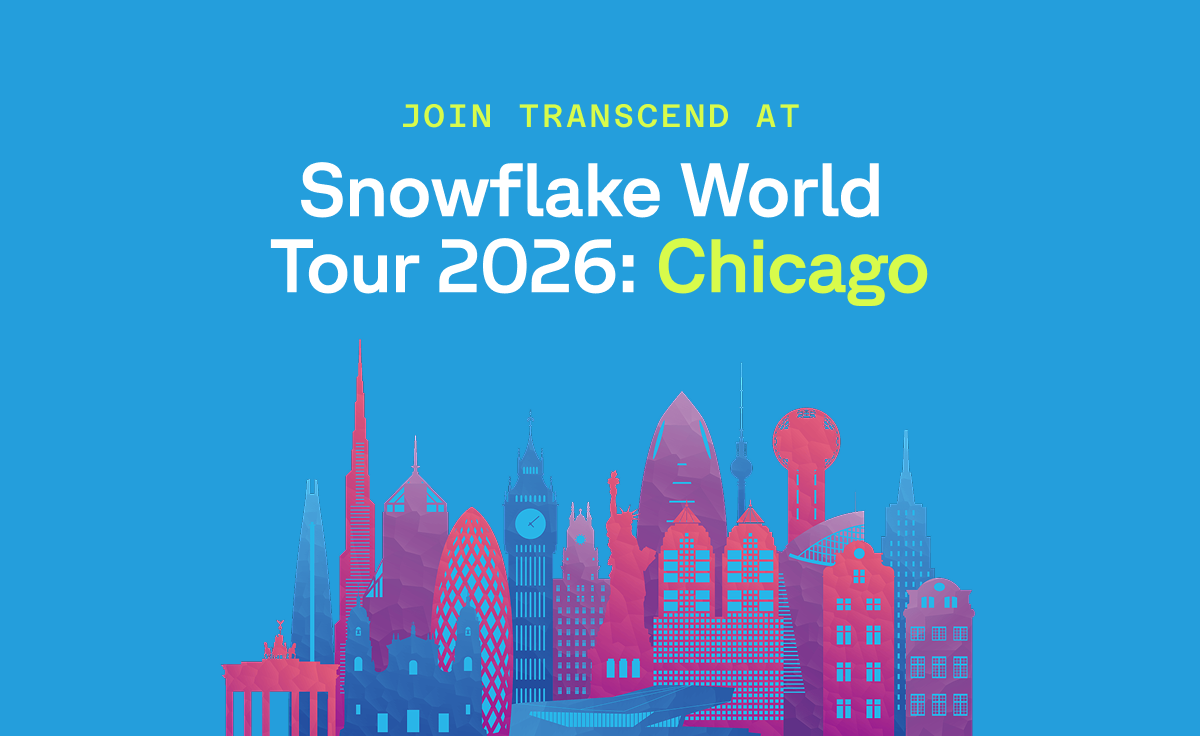 Text: Join Transcend at Snowflake World Tour 2026 Chicago, over a stylized colorful cityscape.