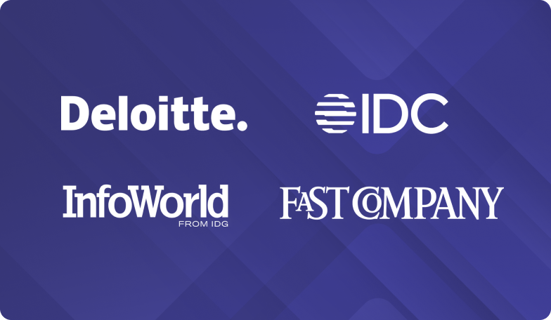 Logos for Deloitte, IDC, InfoWorld, and Fast Company on a purple background.