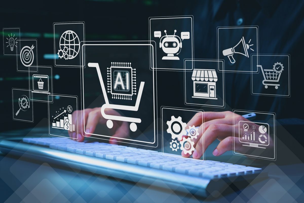 Hands typing on a keyboard with digital icons of AI-powered e-commerce and business.