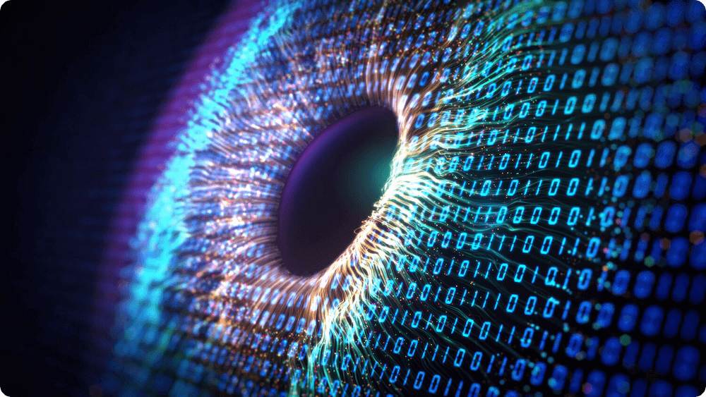 Closeup of rendering of human eye made up of brightly colored binary code