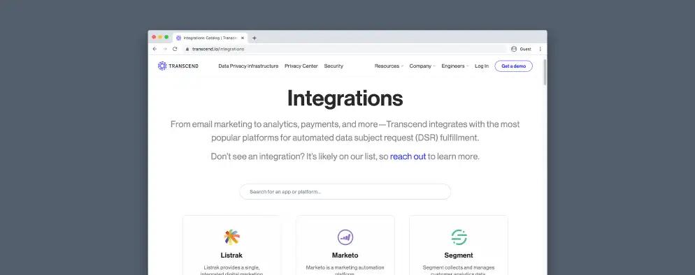 View of the transcend website showing the integrations page