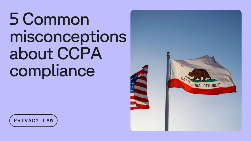 Two flags, the American flag and the California state flag, are waving in the sky beside text reading "5 Common misconceptions about CCPA compliance" on a light purple background, with a "Privacy Law" label.