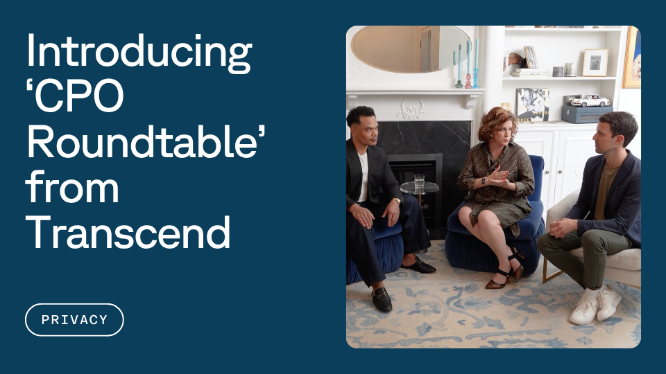 Three people engage in conversation while seated in a cozy room with a fireplace and bookshelves; text on the left reads, "Introducing 'CPO Roundtable' from Transcend."