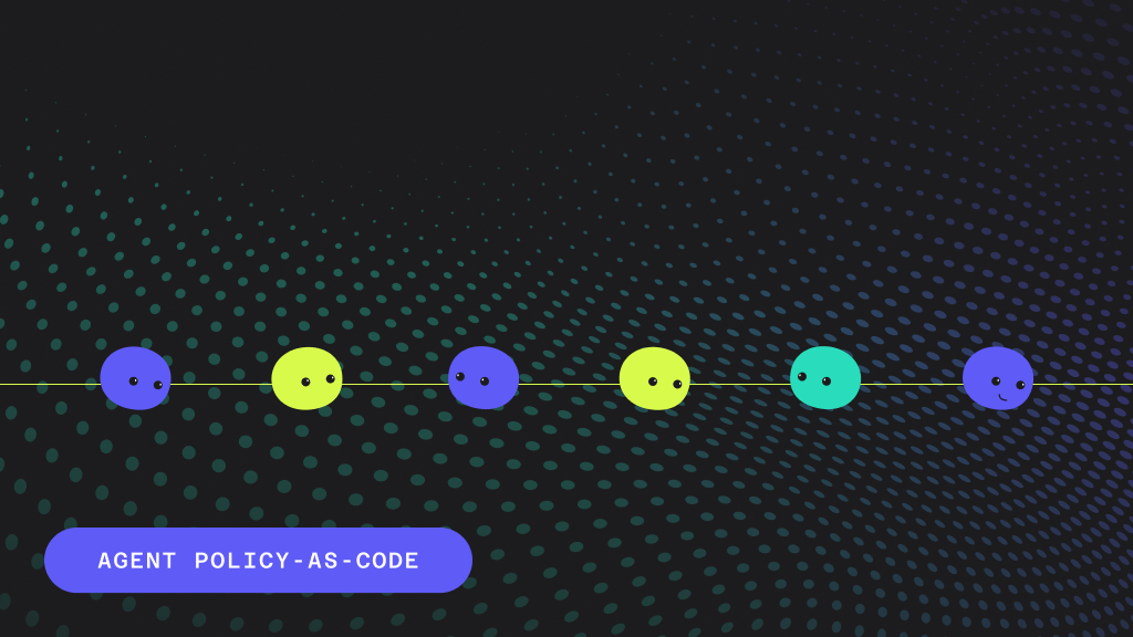 A row of blue, yellow, and teal cartoon agent spheres with dot eyes on a horizontal line against a dark, dotted background. A purple label reads 'AGENT POLICY-AS-CODE'.