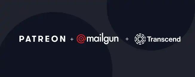 Patreon Mailgun and Transcend logos side by side on dark background