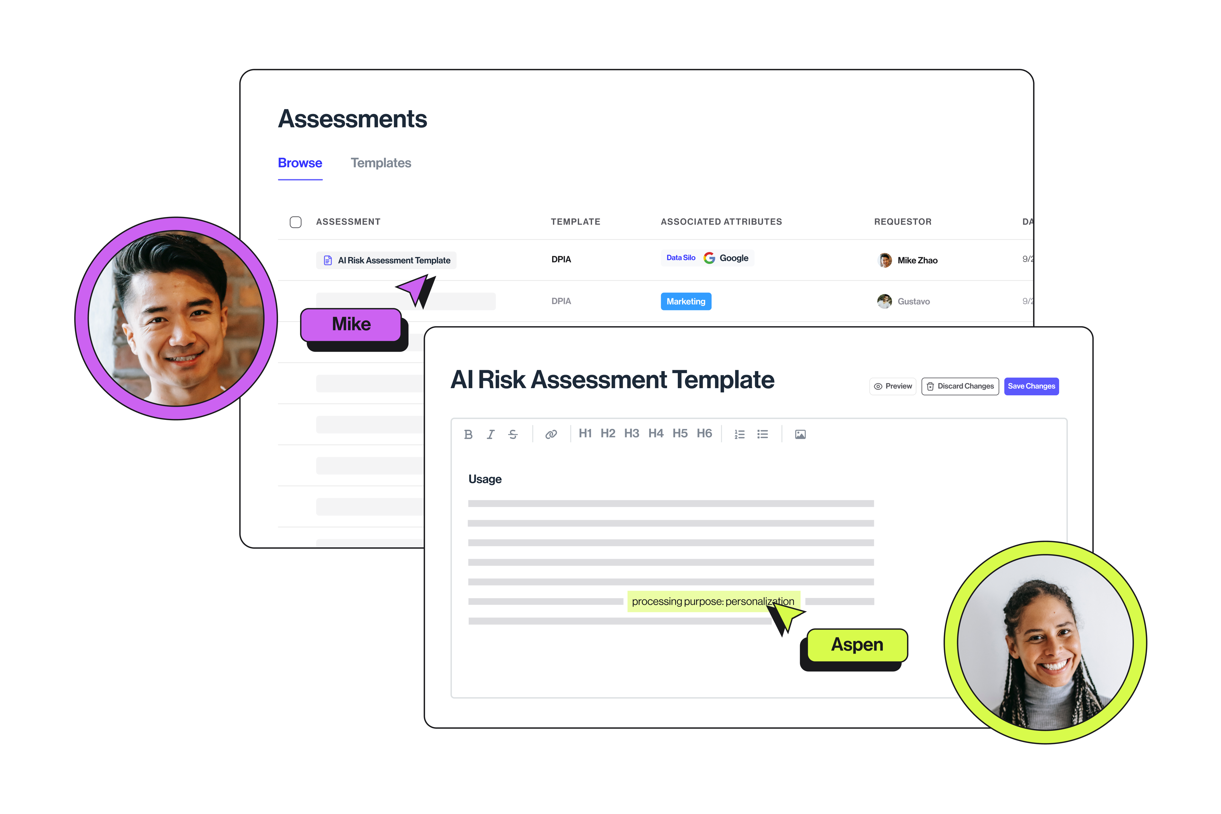 Graphics of transcend software showing headshots of team members in the software collaborating