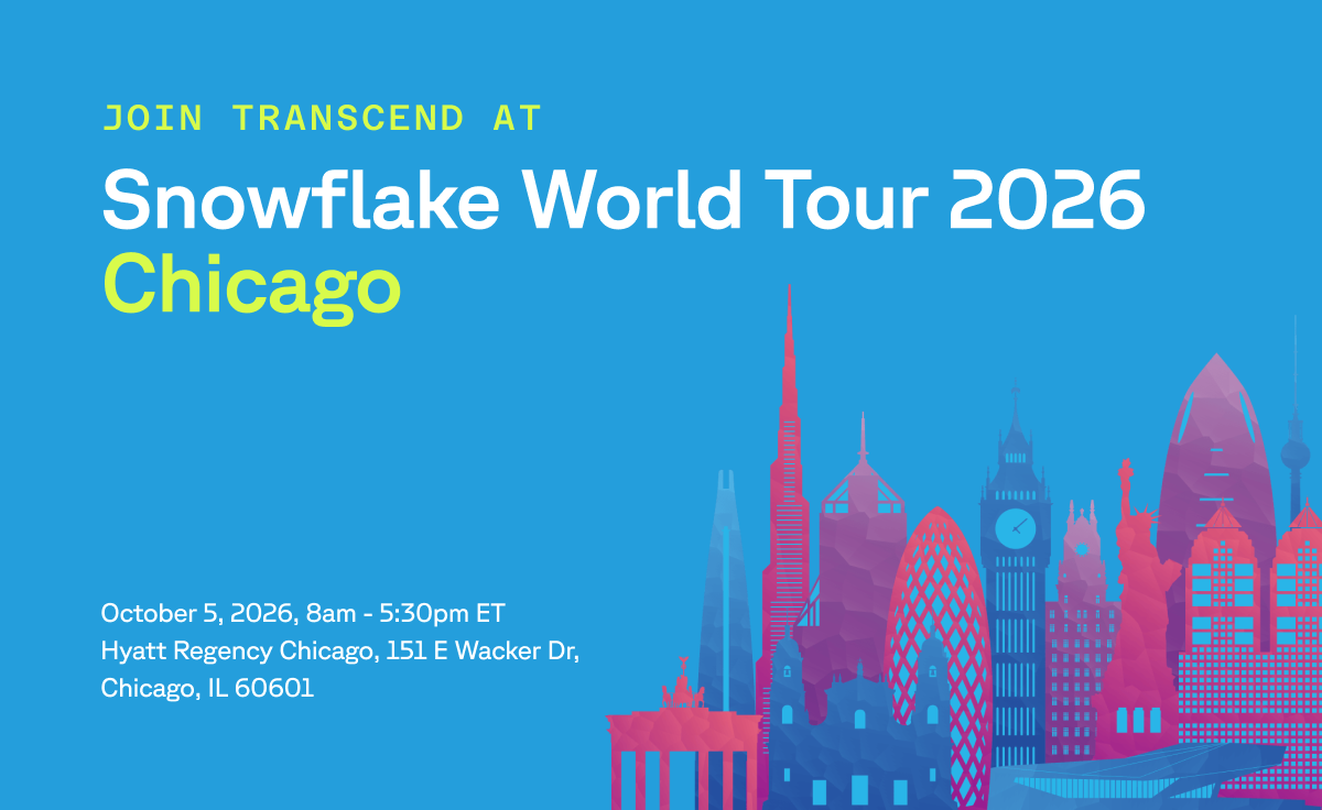 Image for Snowflake World Tour 2026 Chicago hosted by Transcend, October 5, 2026, 8am-5:30pm ET at Hyatt Regency Chicago. Features a stylized city skyline.