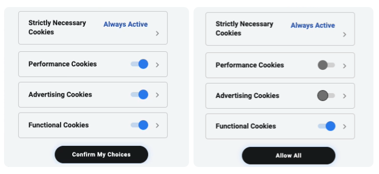 Two side by side views of tracking cookie selection options