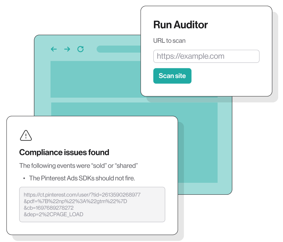 Renderings of Transcend Web Auditor showing compliance issues found