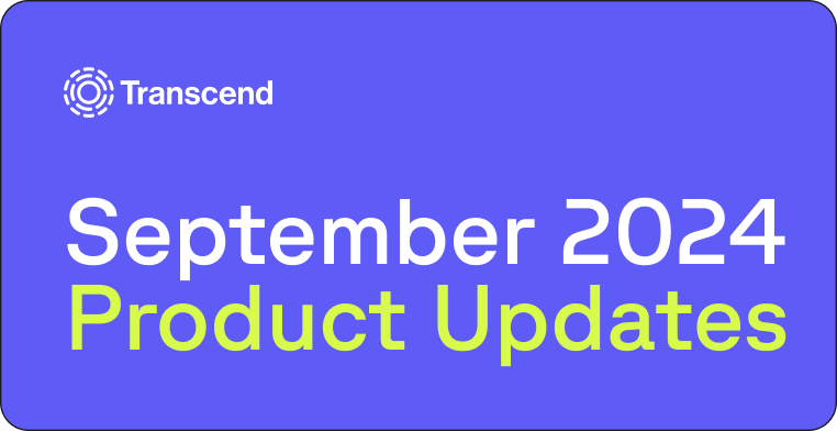 Bright blue background with text reading "Transcend" and "September 2024 Product Updates" in bold white and yellow-green font.