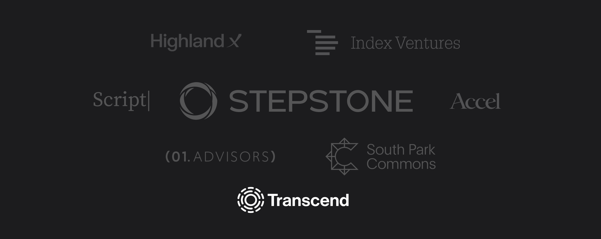 Logos of various companies including Stepstone, Highland X, Index Ventures, Script, Accel, 01 Advisors, South Park Commons, and Transcend are displayed.