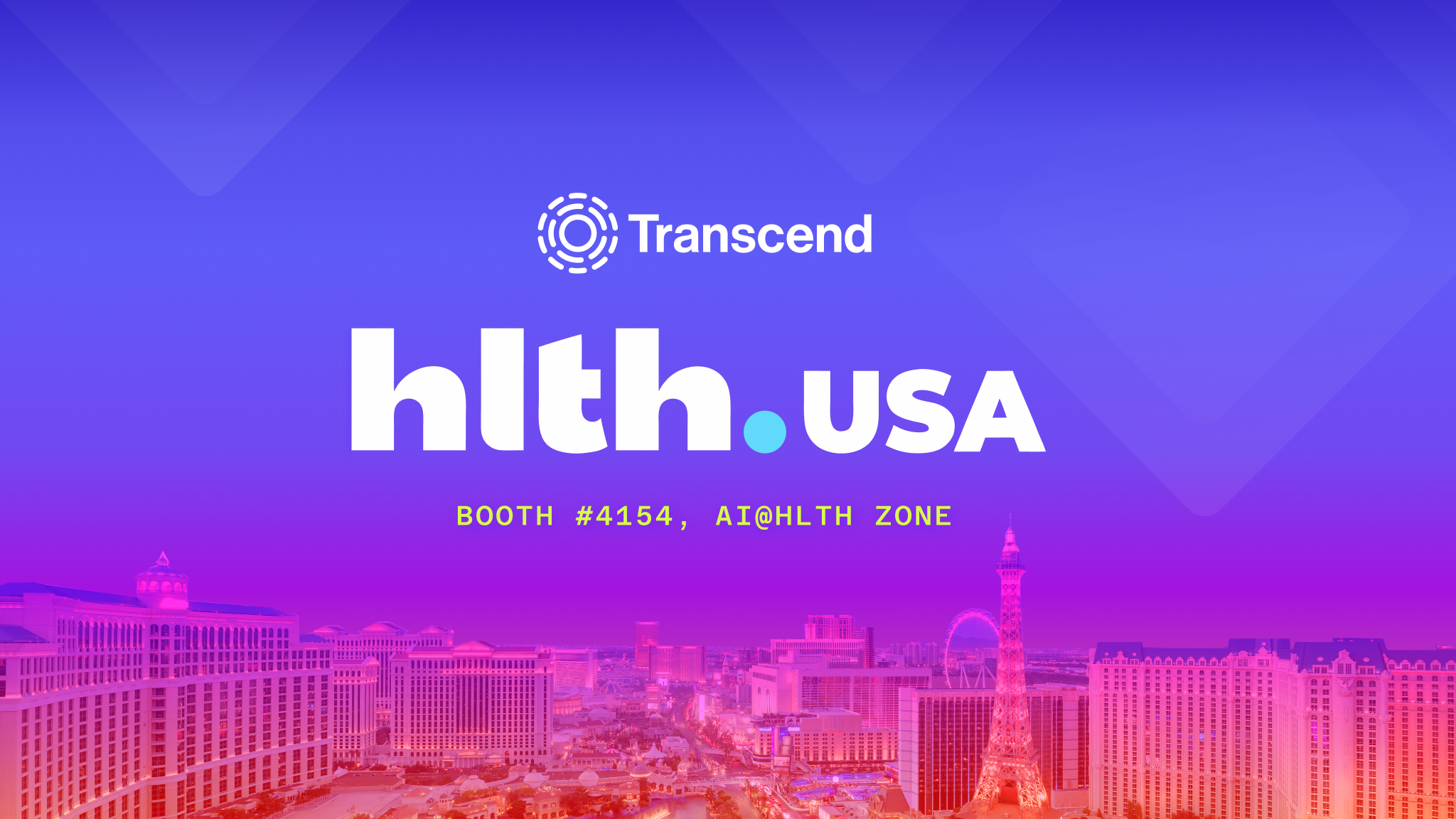 Transcend's booth information for hlth.usa: #4154, AI@HLTH ZONE, displayed over a city skyline.