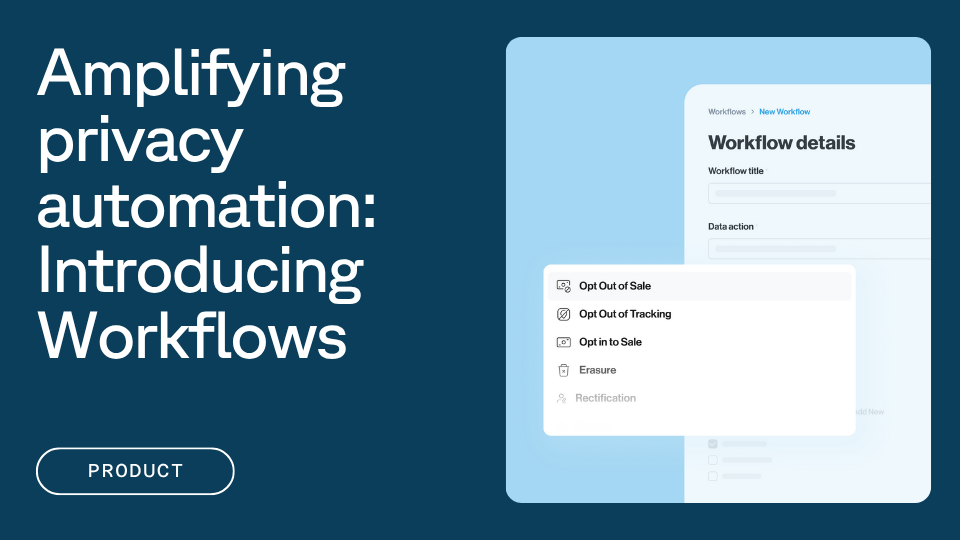 Text that reads "Amplifying privacy automation: Introducing Workflows" next to a screenshot of the Workflows UI