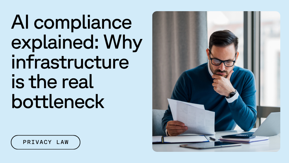 A banner that says "AI compliance explained: Why infrastructure is the real bottleneck" next to a photo of a business man reading documents