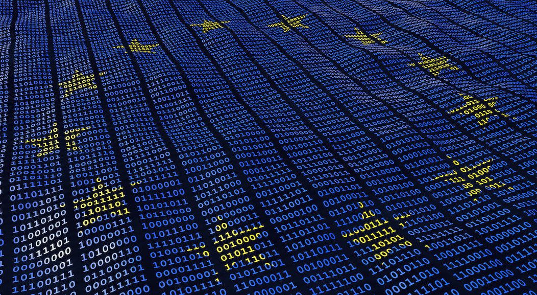 Stylized view of the EU flag with wavy binary code making up the flag