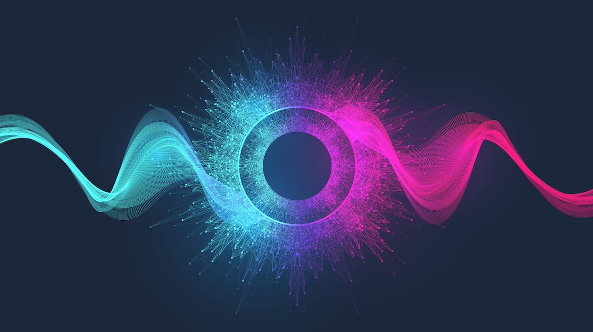 Two clashing brightly colored wavy designs in the center of dark background creating circle in the middle