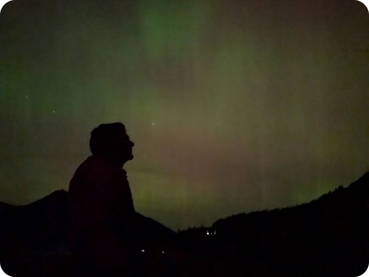 A person in silhouette gazes at the green and brown hues of the Northern Lights illuminating the night sky over a mountainous landscape.