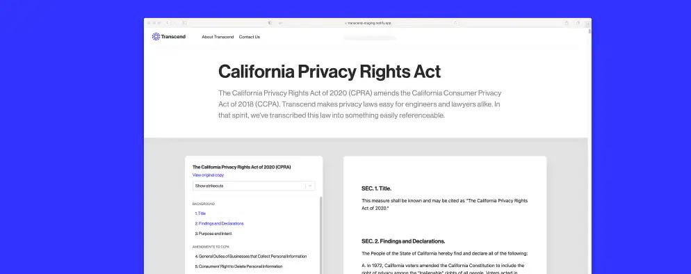 California Privacy Rights Act displayed on a webpage, showcasing sections and information about the act over a blue background.