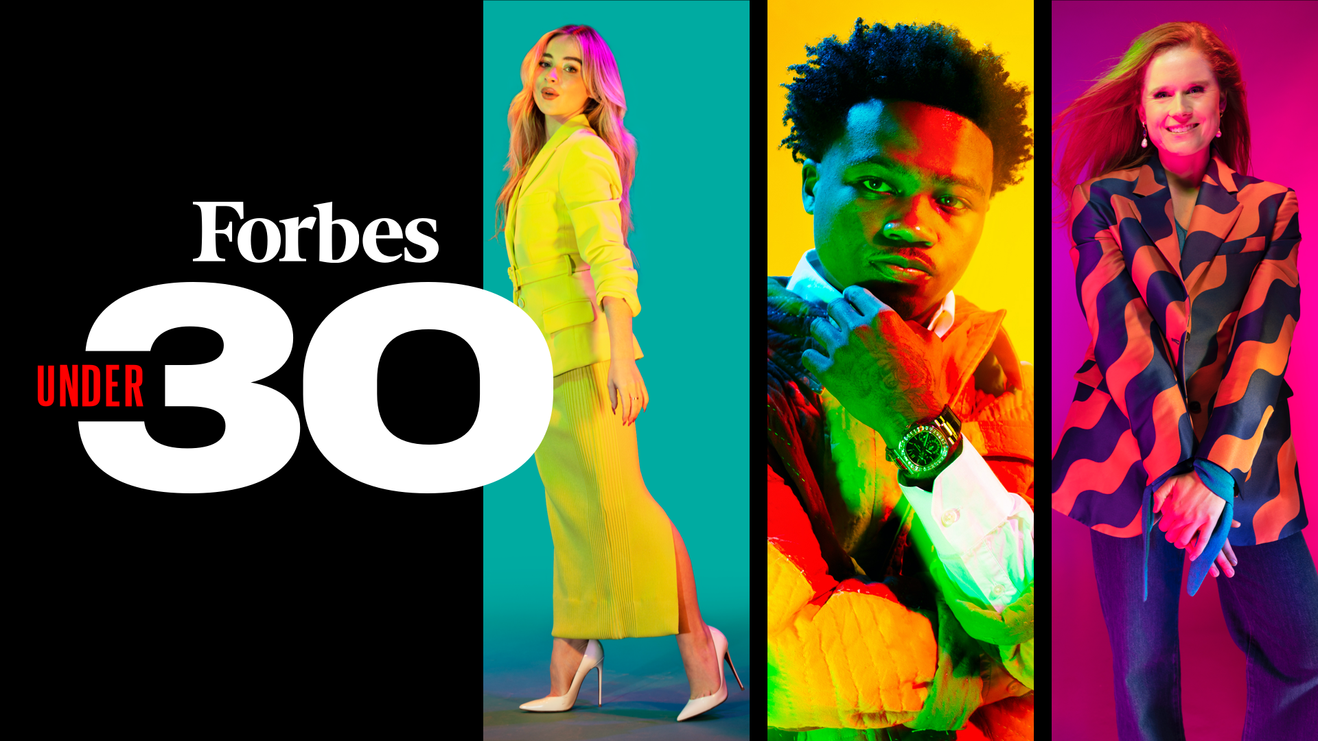 A composite image of celebrities and the text "Forbes 30 under 30"