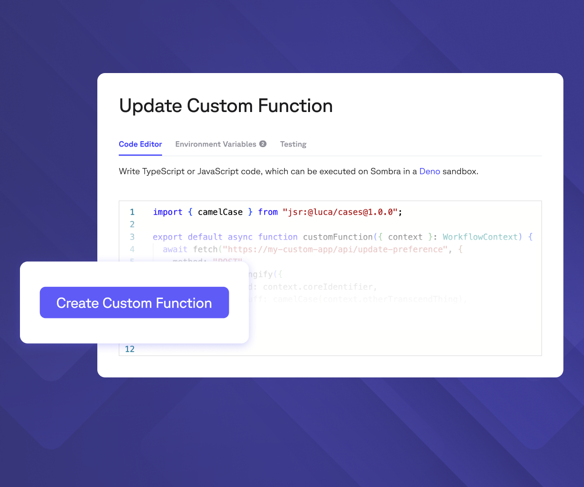 Screenshot of a custom function code editor with visible JavaScript code and a "Create Custom Function" button.