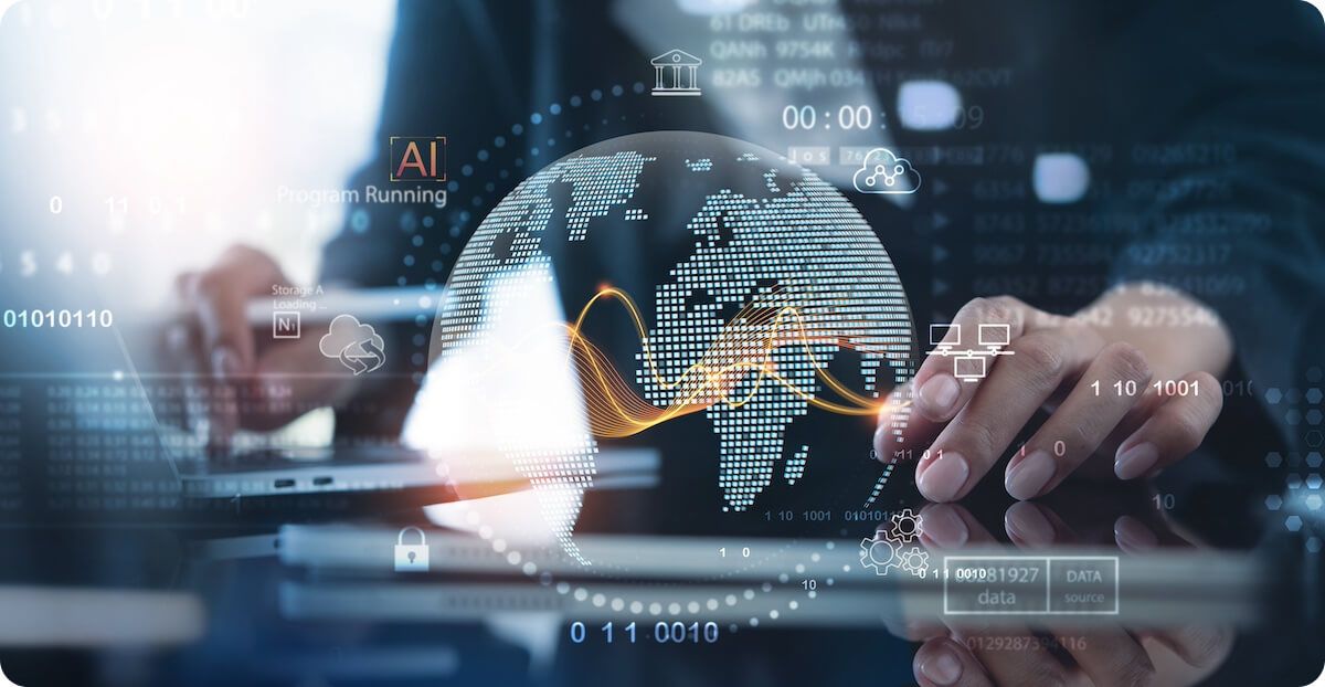 Close up professional in the background with graphic overlay of globe and tech icons such as AI and cloud data