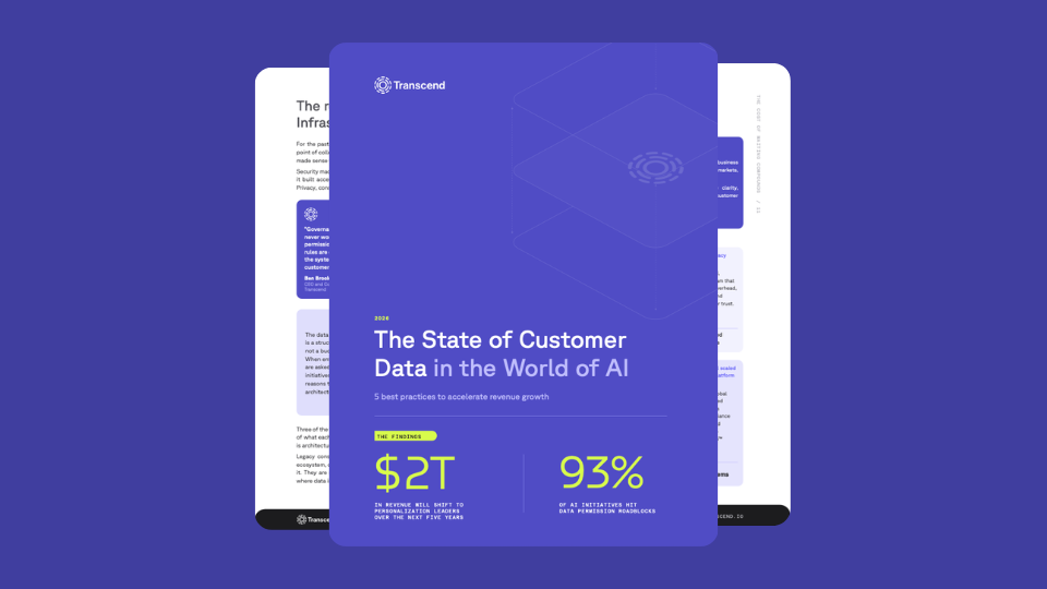 Purple cover of Transcend's "The State of Customer Data in the World of AI" report, featuring $2T and 93% statistics, with a white inner page behind.