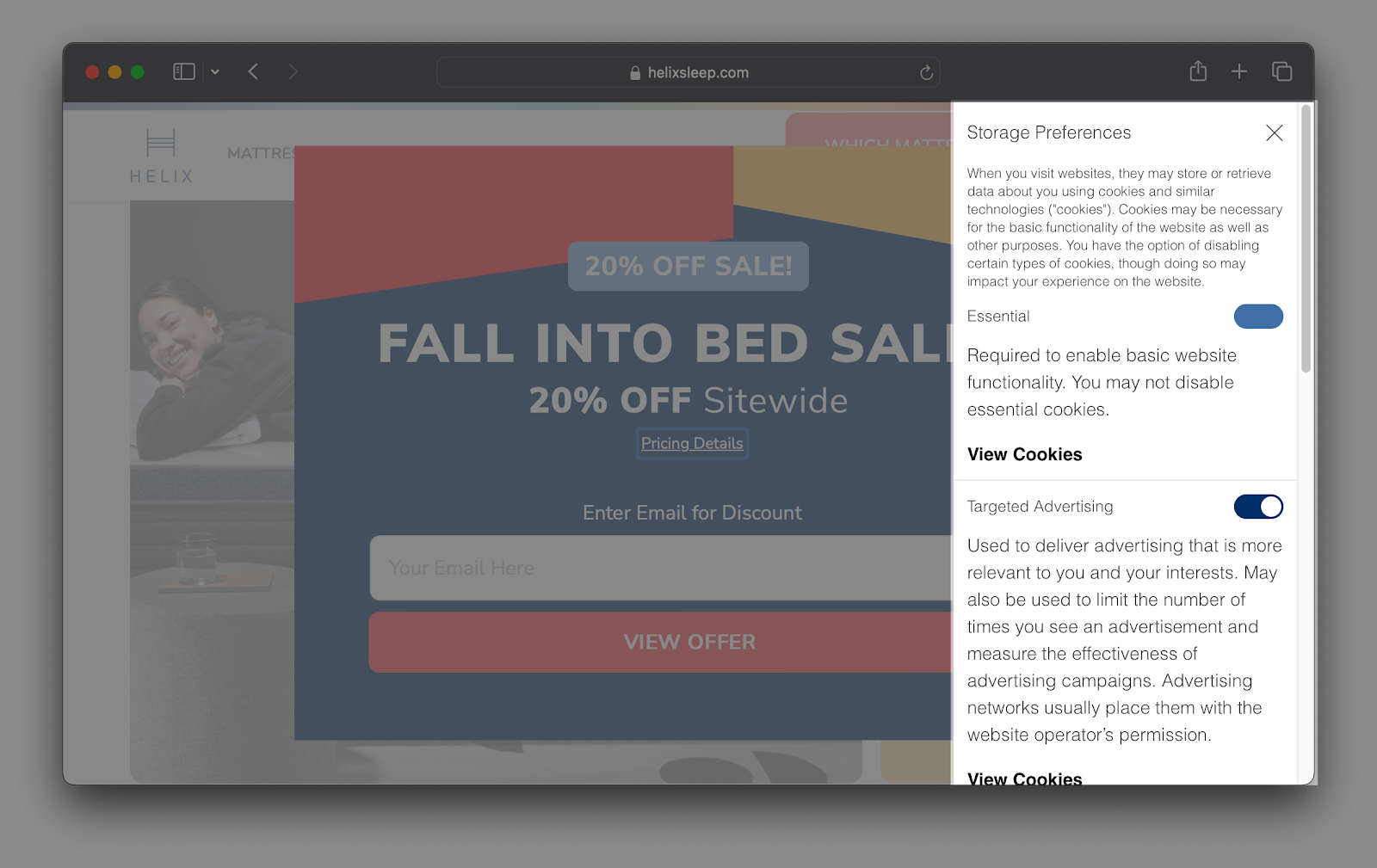 A website display shows a 20% off sale with a subscription form asking for an email address to view the offer. A sidebar titled "Storage Preferences" includes toggle switches for essential cookies and targeted advertising.