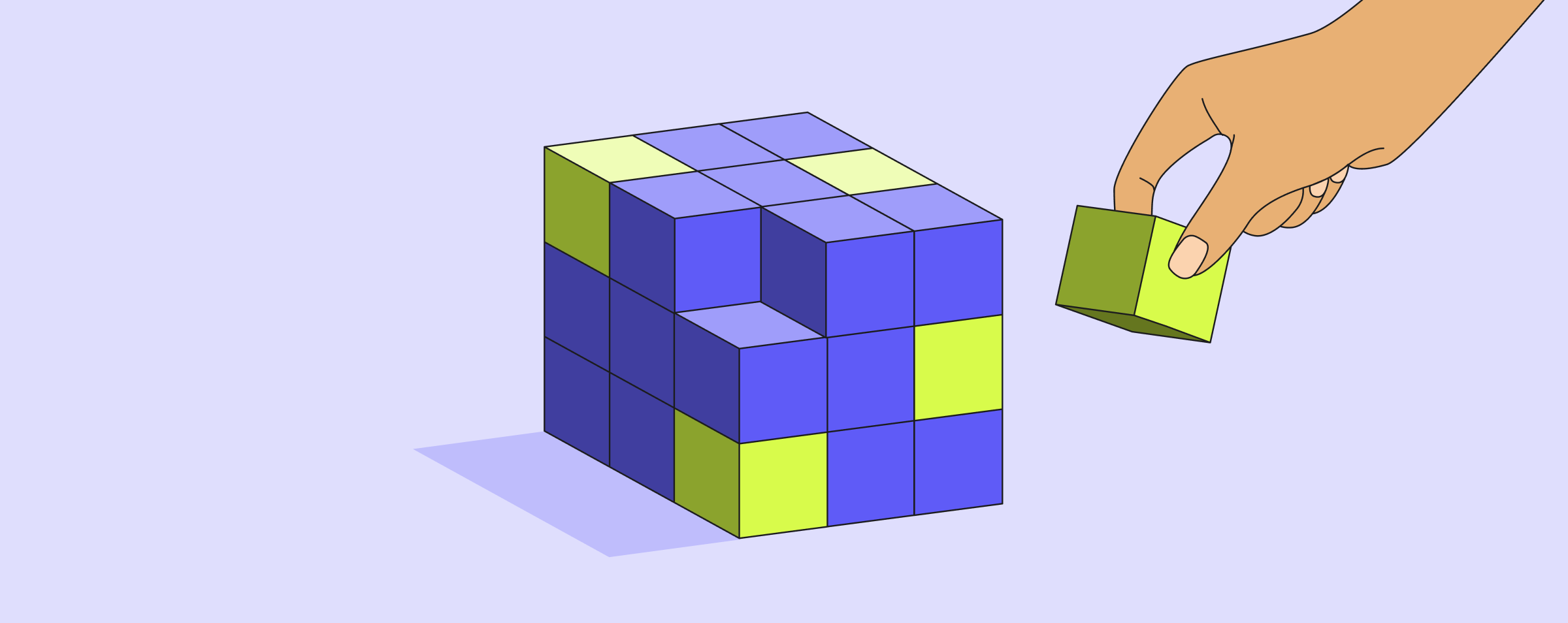 Graphic of hand lowing the final piece of rubik's cube style design