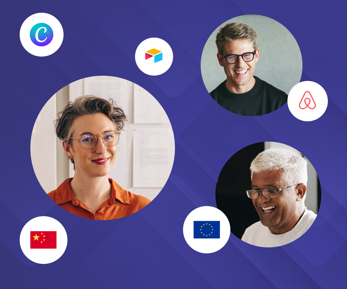 Three smiling faces in circles, with logos for Canva, Airtable, Airbnb, and flags for China and the EU.