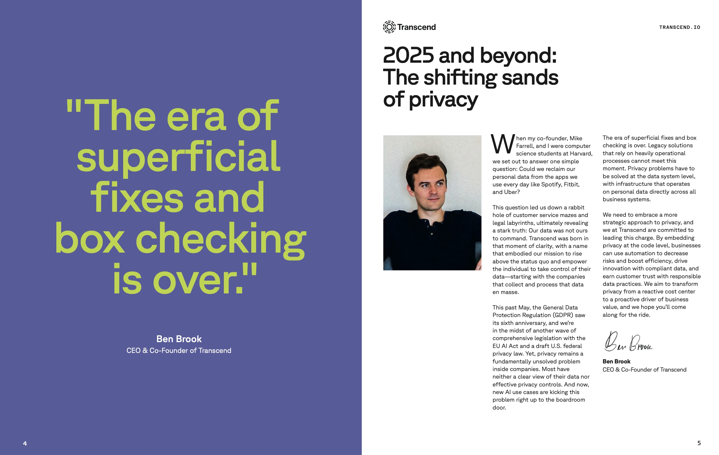 Opening page of a magazine with the left half green text over a purple background reading The Era of Superficial fixes and box checking is over and the right article content with an image of Ben Brook, Transcend's CEO