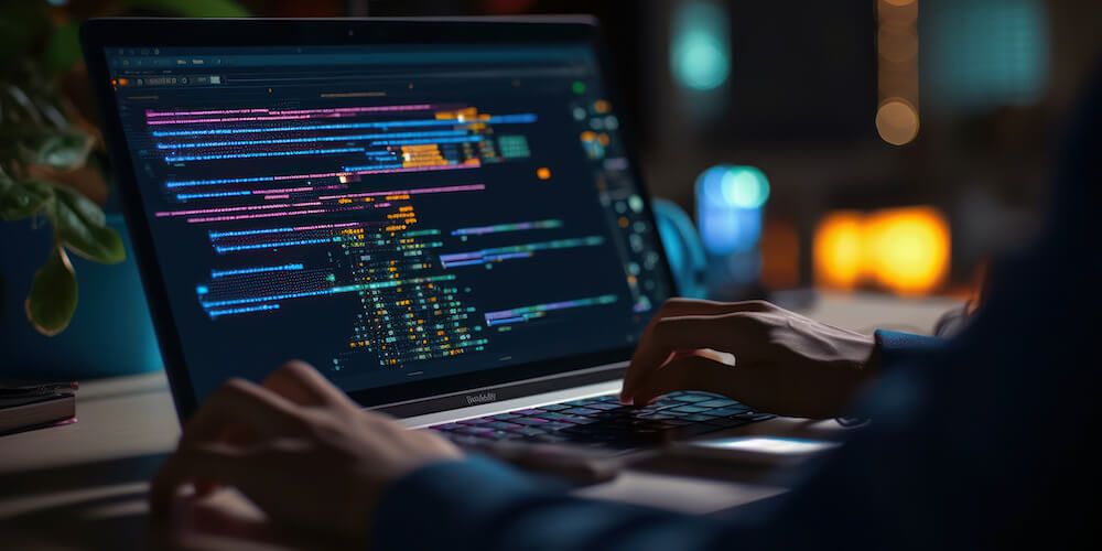 Close up view of coder using their laptop