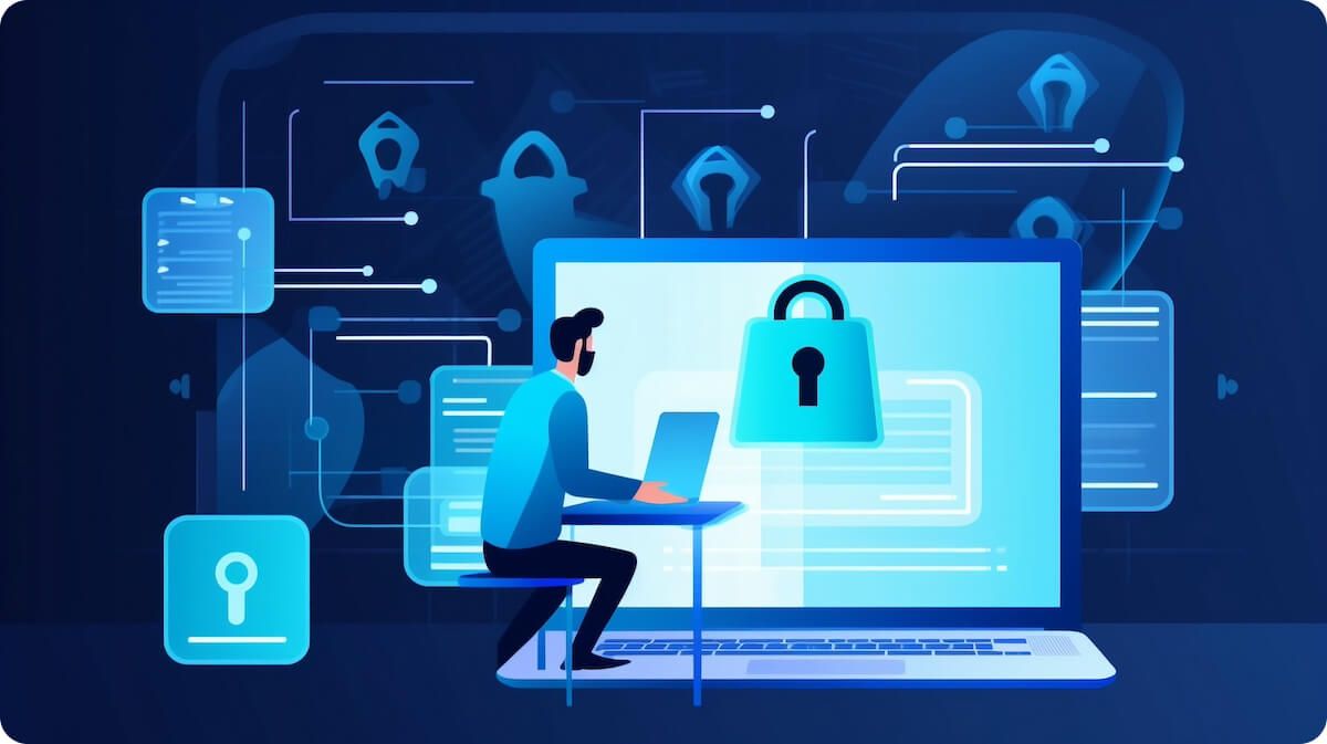 Graphic design of man using giant laptop with padlock design surrounded by pop up images and blue stylings