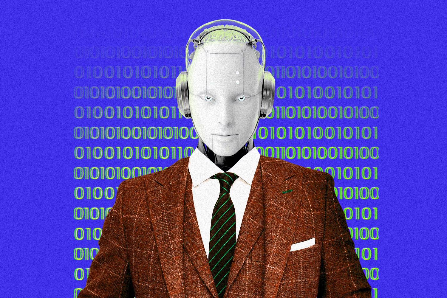 A humanoid robot wearing a brown plaid suit and green tie stands against a blue background with binary code in bright green.