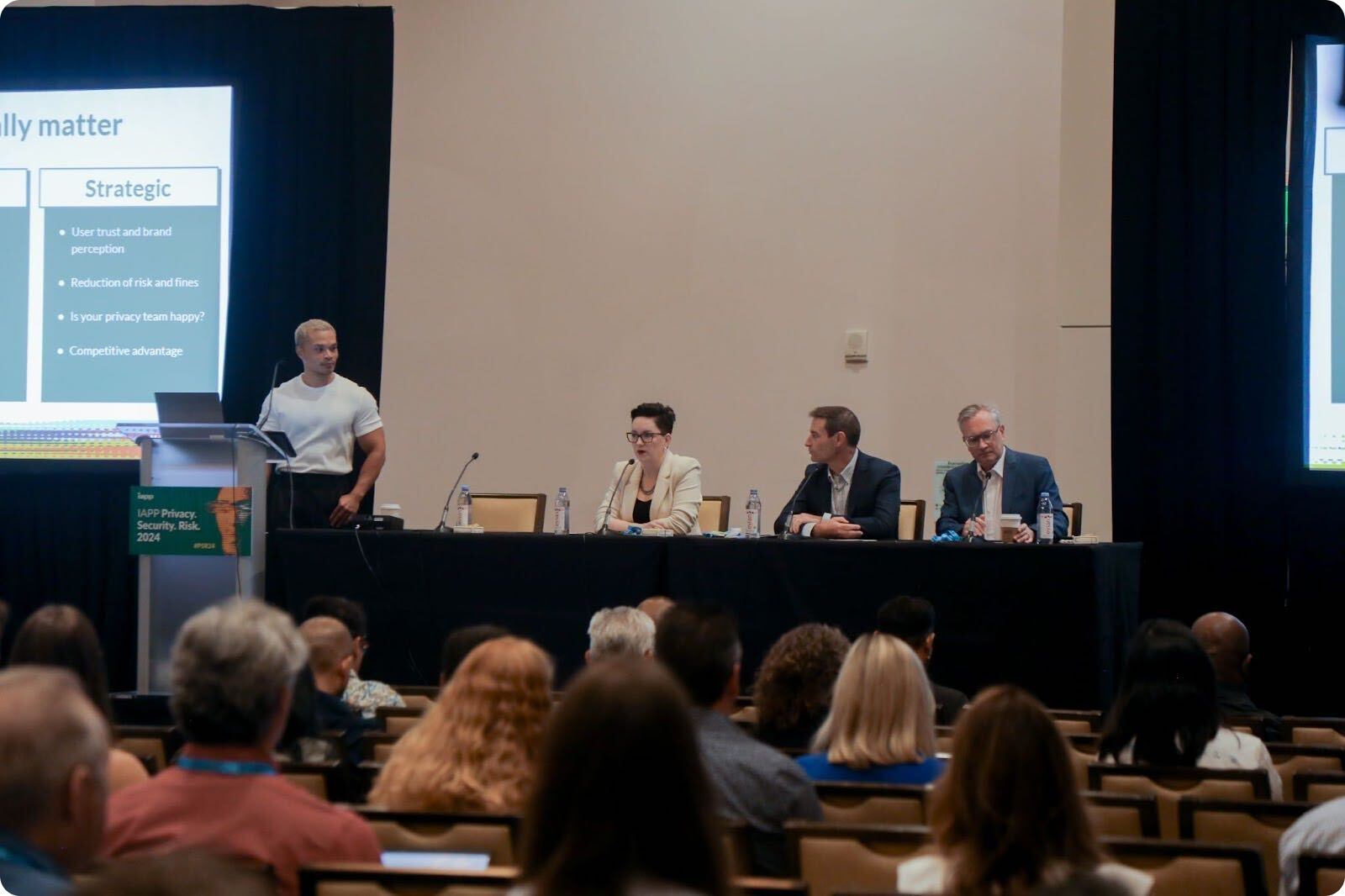 Ron De Jesus, Lauren Reid, Avishai Ostrin, and Aaron Weller speaking on Transcend's panel at IAPP Global Privacy Summit 2024