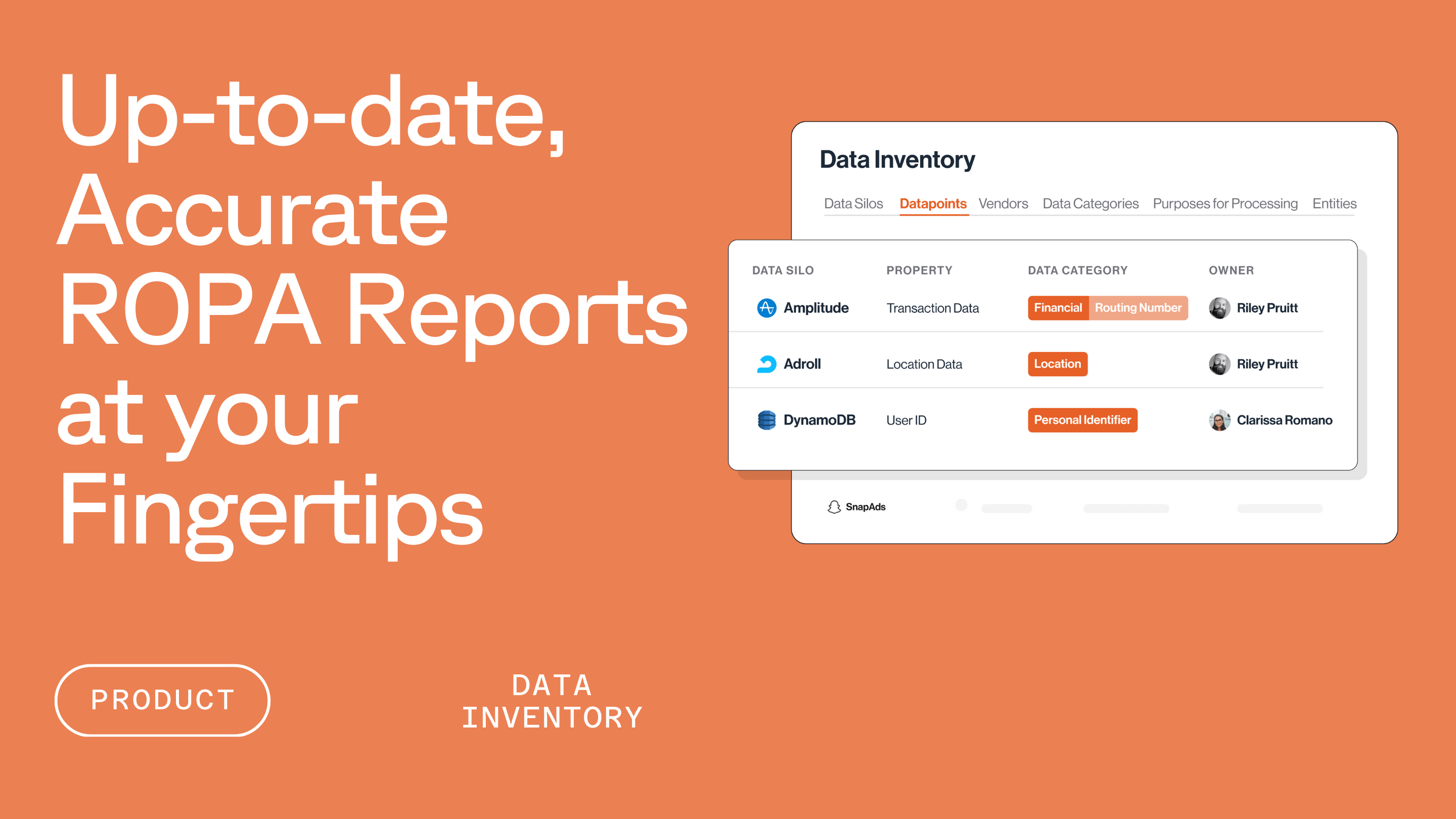 An example of Transcend software showing Data Inventory in front of an orange background with text reading Up-to-date, Accurate ROPA Reports at your fingertips, Data Inventory, and a button reading Product