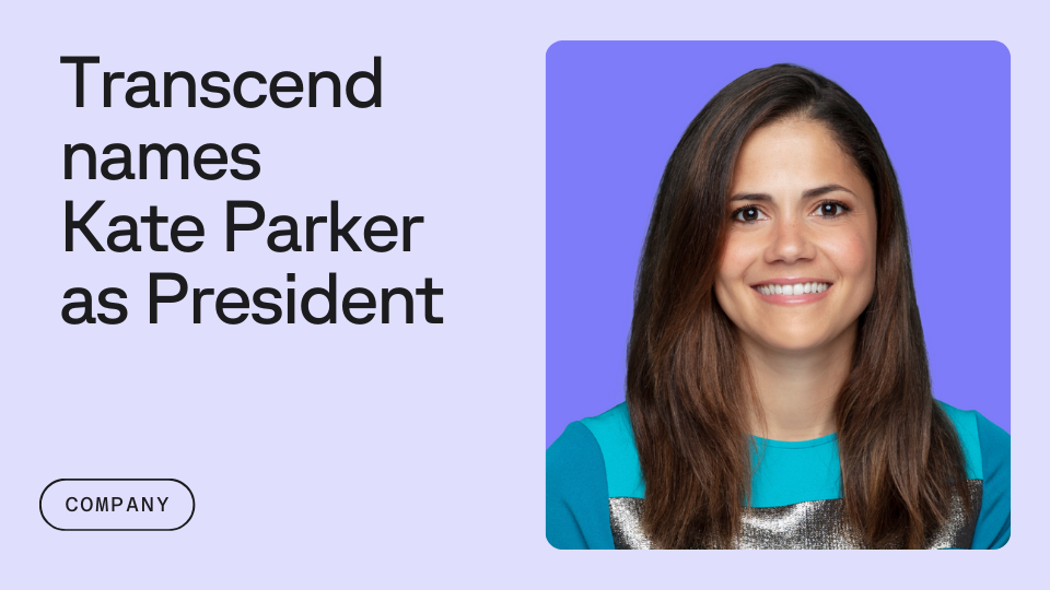 A photo of Kate Parker, Transcend's President, alongside the headline "Transcend names Kate Parker as President"